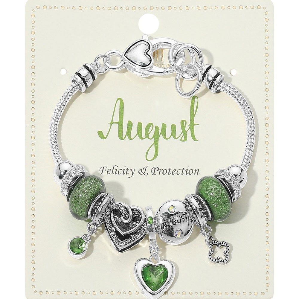 August Birthstone Bracelet Green Beaded Heart Charm Stretch Gift for Women